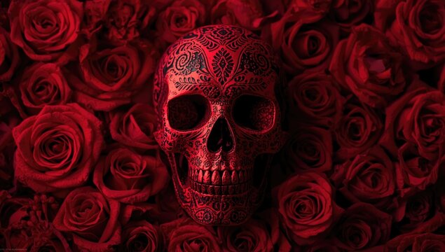 Decorative Red Skull on Red Roses Background with Dark Mood