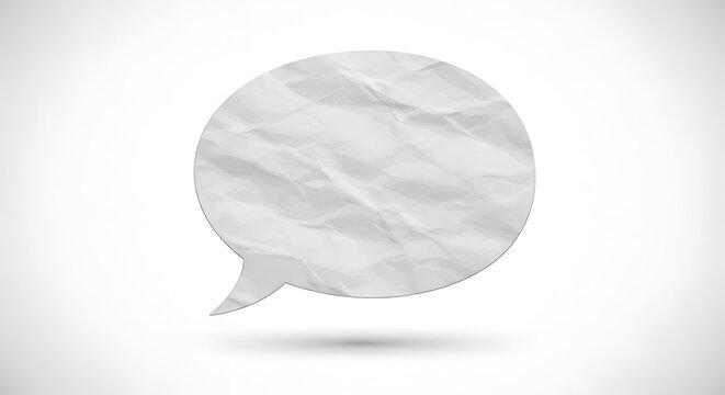 Crumpled paper speech bubble icon with textured surface on white background, conveying messages or ideas