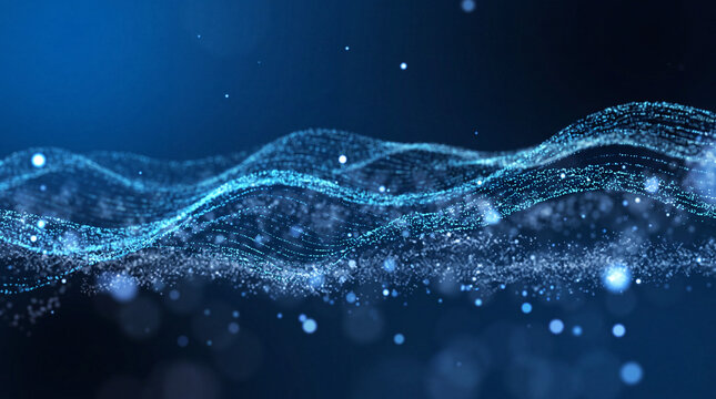 Abstract blue digital wave with glowing particles and flowing data streams