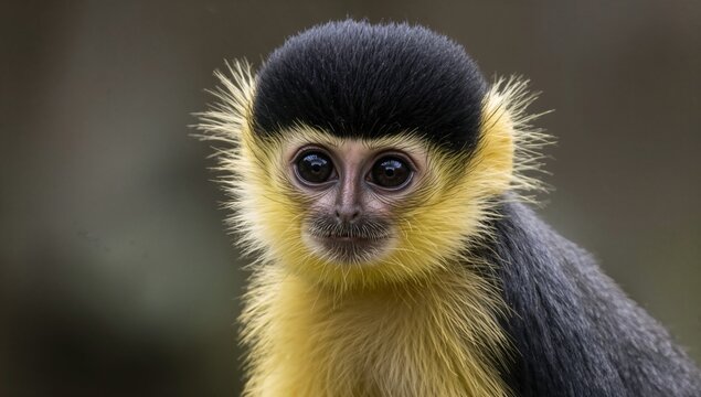 Closeup of a Yellow and Black Monkey Face with Large Eyes