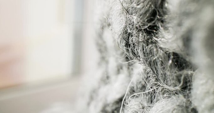 Tracking shot close up of gray wool fibers by window with soft natural light and shallow depth of field, macro probe lens.