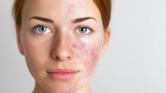 Woman with port wine stain birthmark on cheek looking at camera. Dermatological skin condition and medical facial feature. Natural appearance and body positivity concept in healthcare.