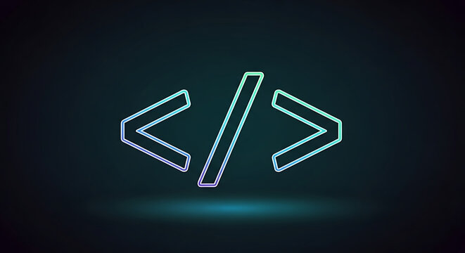Neon glowing brackets </> symbol on a dark background, representing code, programming, or digital technology