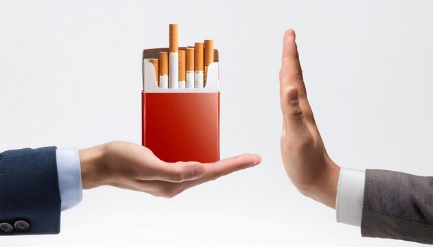 hand refusing a pack of cigarettes on white background