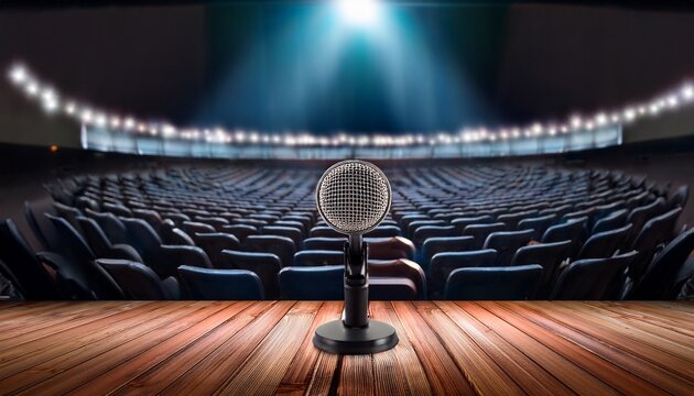microphone on empty stage facing auditorium seats