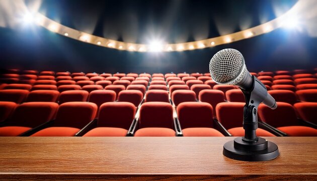 microphone on lectern facing empty auditorium theater seats