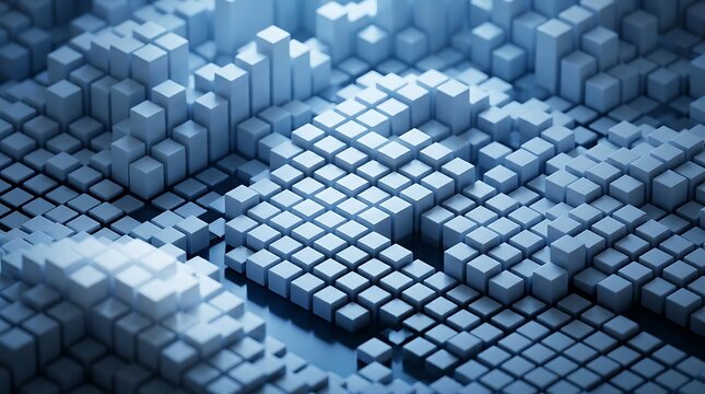 Abstract 3D render of a glowing digital matrix with interconnected cubes forming a futuristic data network concept