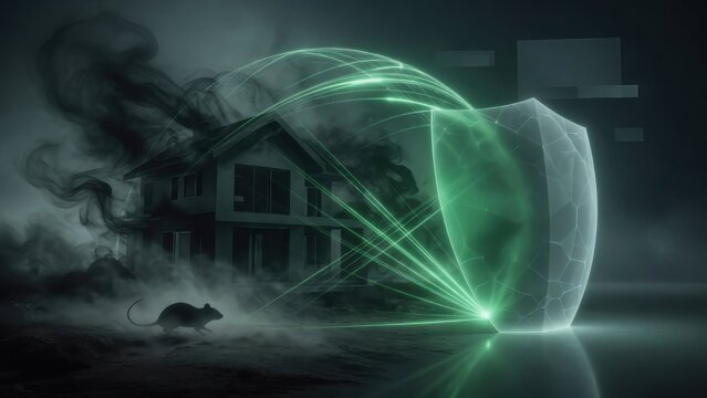 Pest Control Concept with Digital Shield Protecting House from Rat