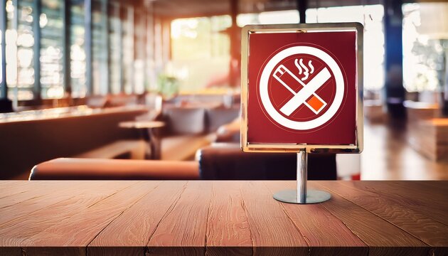 no smoking sign on wooden table in public lounge