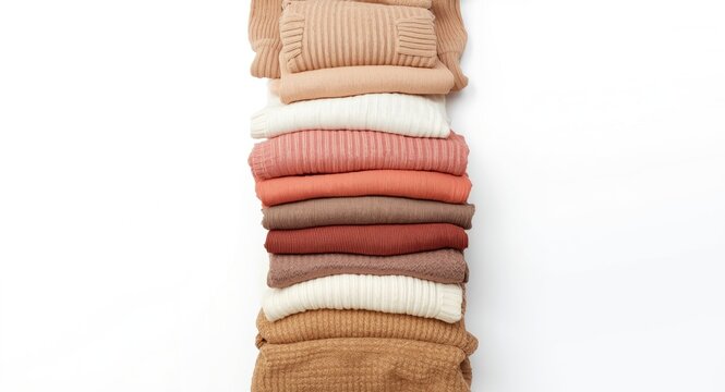 Stack of Cozy Knit Sweaters in Earthy Tones Isolated on White