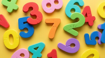 Fototapeta premium Colorful Numbers Scattered on a Yellow Background.