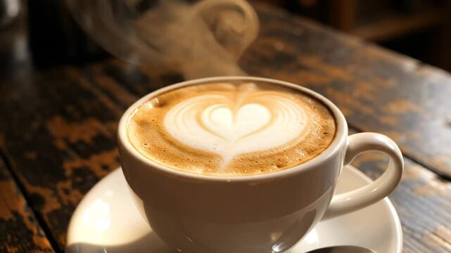 Steaming cappuccino coffee cup with heart shaped foam art on rustic wooden table background close up