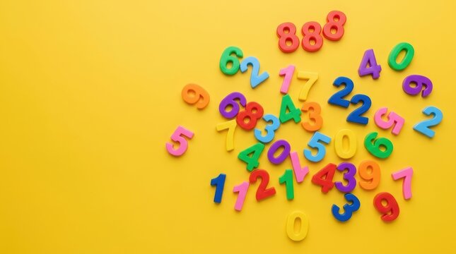 Colorful Plastic Numbers Scattered on a Bright Yellow Background.