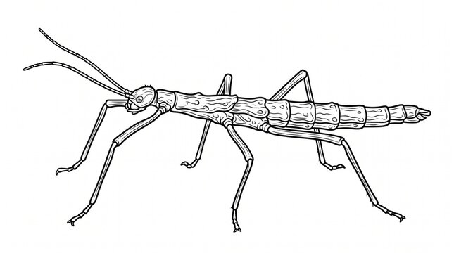 Walking stick insect line drawing. Detailed black and white sketch of a phasmid bug.