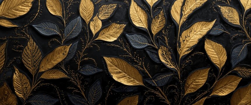 Golden Leaf Patterns on Black Background with Textured Surface