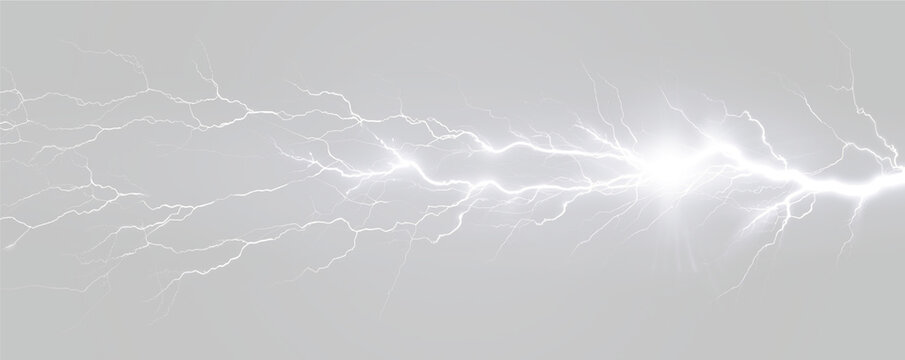 Bright white jagged lightning streaks branching horizontally with intense flare and radiant glow on a dark background on transparent background