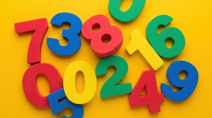 Fototapeta premium Colorful Wooden Numbers Scattered on a Bright Yellow Background.
