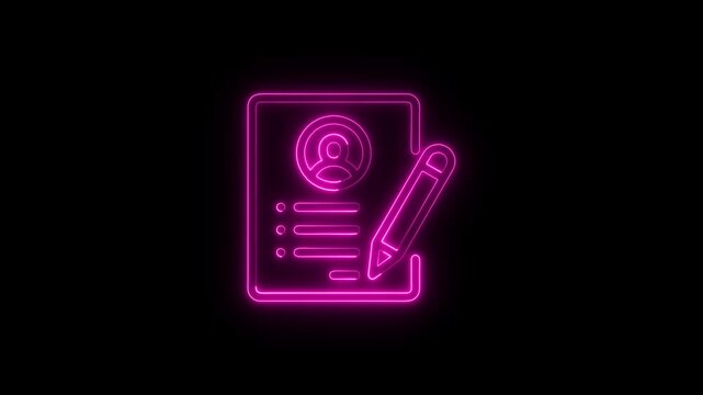 Bright magenta neon outline of a document with a user profile and a pencil symbol representing editing personal information or a resume file
