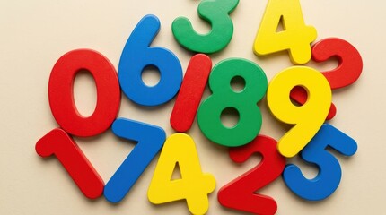 Fototapeta premium Colorful Wooden Numbers Scattered Randomly on a Light Background.