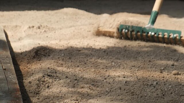 Construction worker uses a rake to level building sand before paving stone installation. Road construction, municipal sidewalk project, public infrastructure and urban improvement.