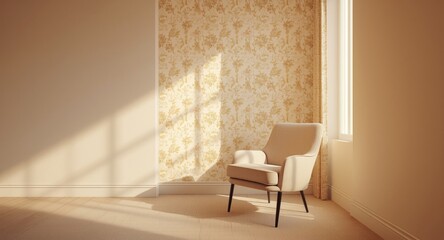 Fototapeta premium Elegant Armchair in Bright Sunlit Room with Floral Wallpaper