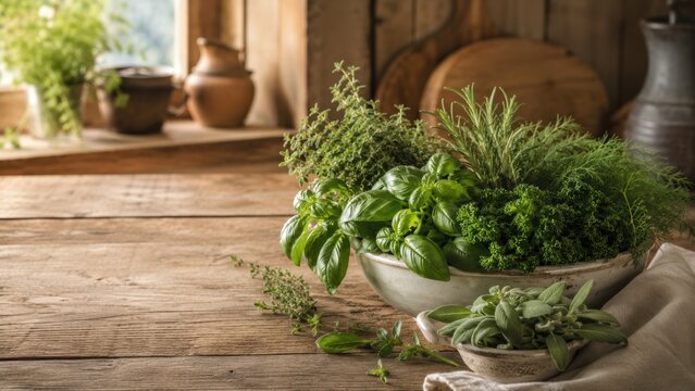 Fresh green herbs in rustic ceramic bowls on a wooden table near a window with natural light and pottery in the background.