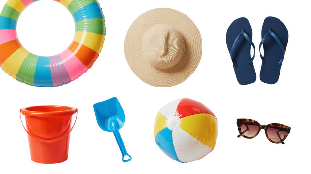 Colorful beach toys and summer footwear collection on sand isolated on transparent background, isolated on white background