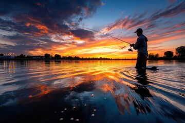 Fototapeta premium Fisherman in Water at Sunset with Fishing Rod