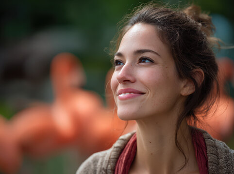 A woman with a warm smile and eyes gazing upwards, her hair tied in a casual bun, looks content amidst a soft-focus background of flamingos.