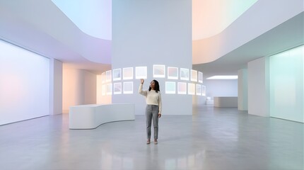 Fototapeta premium Woman interacting with digital holographic photo gallery in modern hall