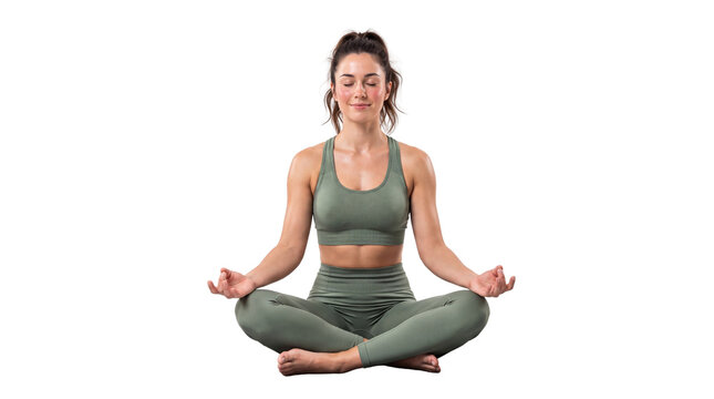 Peaceful woman practicing yoga in lotus pose, young female meditating in green sportswear, calm person doing mindfulness exercise isolated PNG with Transparent Background
