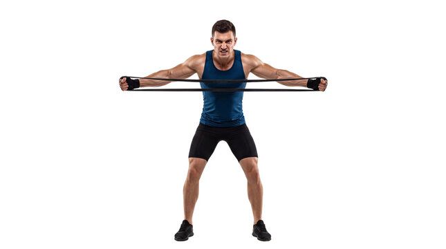 Athletic man training with resistance band, muscular male athlete performing chest expansion exercise, fitness workout with elastic expander isolated PNG with Transparent Background