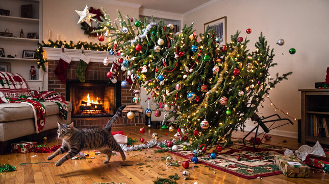 Tabby cat running after knocking over a decorated Christmas tree