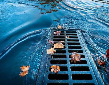 storm drain covered by moving blue water with wet metal grates floating leaves and twigs ripples and splashes showing heavy rainfall urban drainage system and flooding conditions