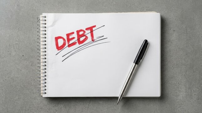 Debt written in red on a notebook with a pen on a gray background.