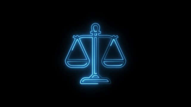 Glowing neon blue scales of justice isolated on a black background representing law legal system court and equality in judicial proceedings