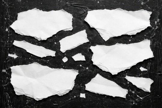 Torn White Paper Pieces on a Dark Background in Abstract Arrangement