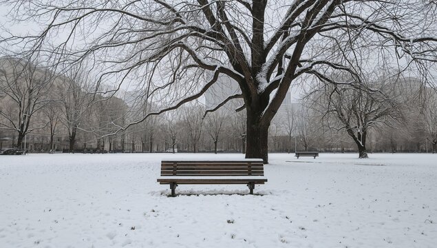 Snowy Park with a Wooden Bench Under Bare Trees in Winter