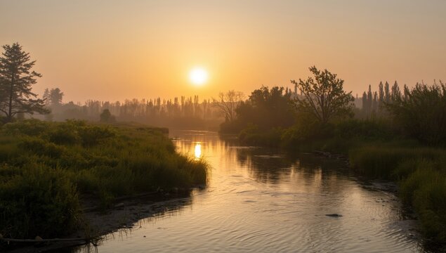 Sunset Reflection on a Calm River Surrounded by Lush Greenery