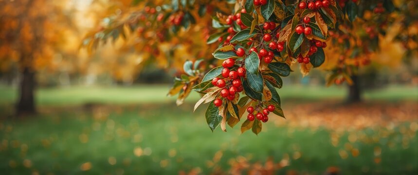 Vibrant Red Berries on a Branch in an Autumn Park Setting