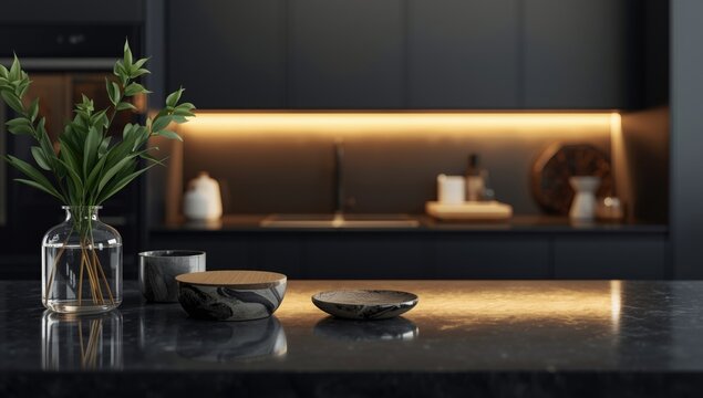 Modern Kitchen Counter with Decorative Bowls and Fresh Greenery Under Warm Lighting