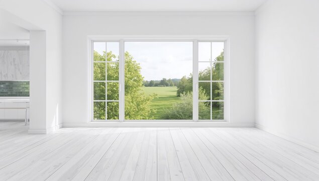 Bright Empty Room with Large Windows Overlooking Green Landscape