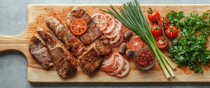 Grilled Meat Platter with Fresh Vegetables and Herbs on a Wooden Board