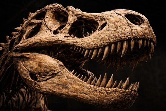 Tyrannosaurus Rex Fossil Skull Closeup Under Dramatic Lighting