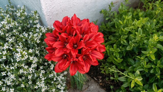 Vibrant Red Flowers Surrounded by Greenery in a Garden Setting