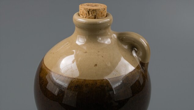 Ceramic Jug with Cork Stopper and Glossy Glaze on Gray Background