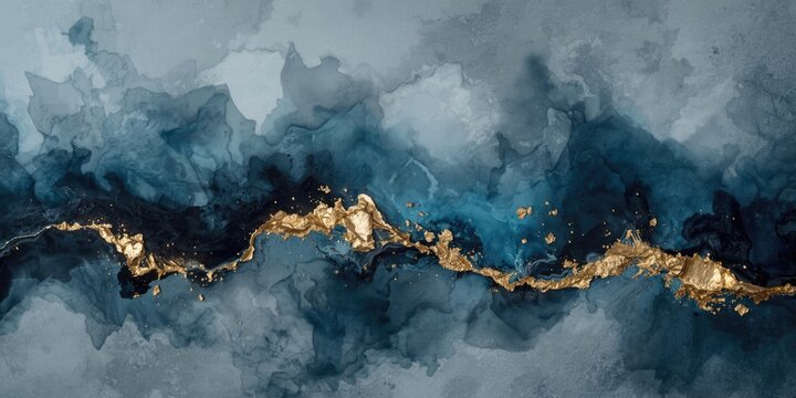 Abstract Blue and Gold Fluid Art Design with Textured Waves