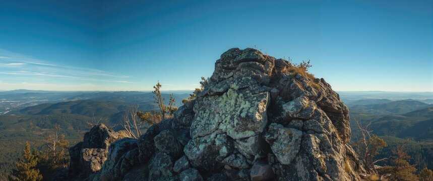 Rocky Mountain Summit Overlooking a Valley Under Clear Blue Sky
