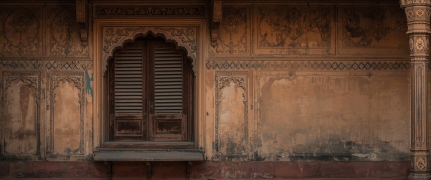 Aged Indian Wall with Ornate Window Shutters and Faded Artwork