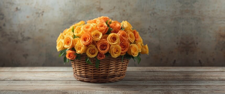 Bouquet of Yellow and Orange Roses in a Woven Basket on Wooden Table